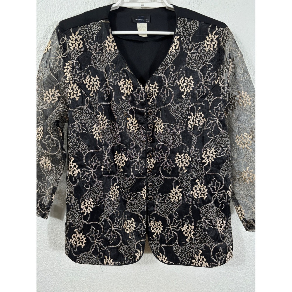 Vintage Charlotte Blouse 2XL Black Embroidered Sheer Sleeve Button‎ Front V-Neck